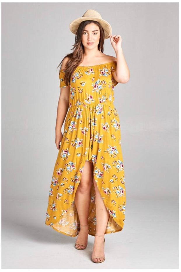 RP-D {Picnic In The Park} Mustard Floral Romper W/Overlay SALE!!  PLUS SIZE 1X 2X 3X