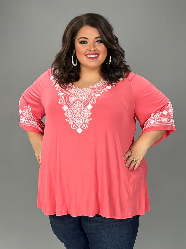 62 SD {Classy Beauty} Coral V-Neck Embossed Tunic CURVY BRAND!!!  EXTENDED PLUS SIZE XL 2X 3X 4X 5X 6X