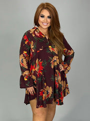 PLS-M "UMGEE" Wine Floral with Collar & Bell Sleeves Dress