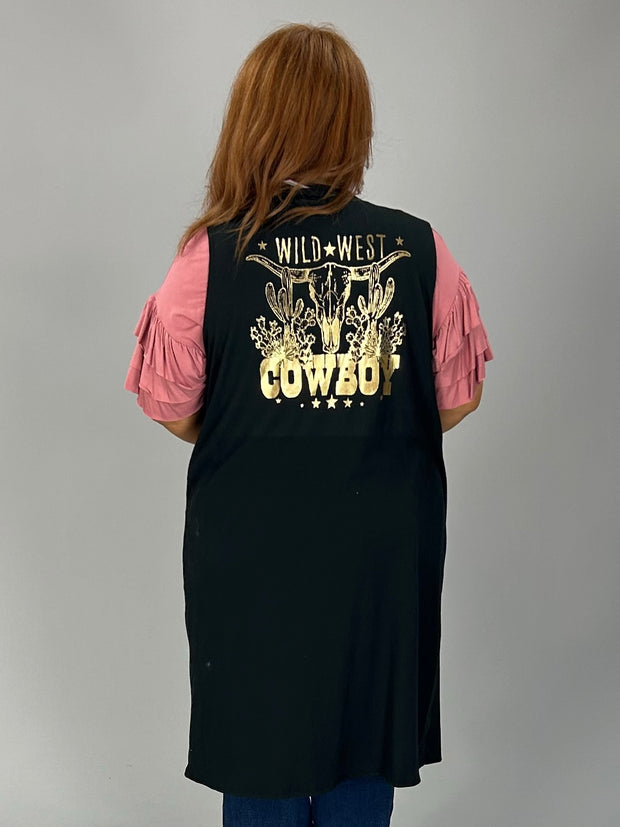 11 OT {Wild West Cowboy} Black Ribbed Graphic Vest PLUS SIZE 2X