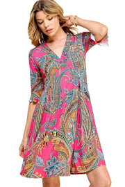 45 PSS-D {Life's A Dance} Fuchsia Paisley Printed Dress PLUS SIZE 1X 2X 3X