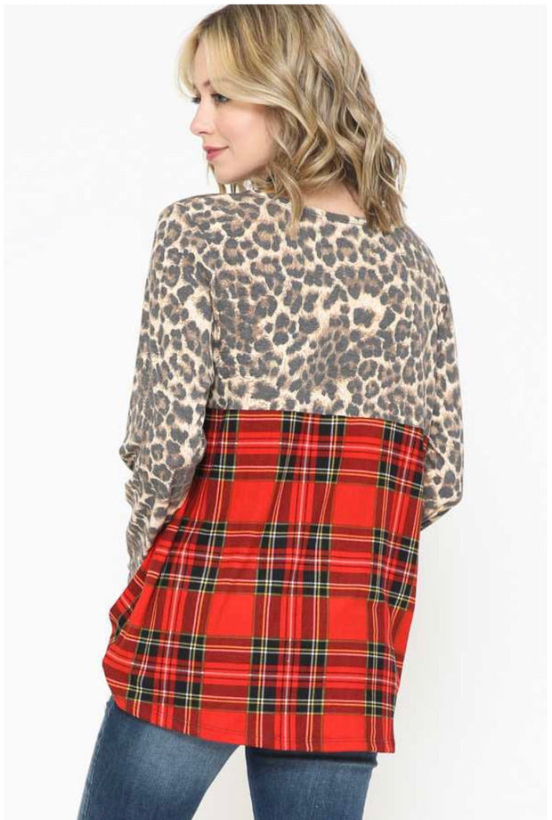 16 CP-F {Don't Doubt It} Red Plaid & Leopard Neck Detail Top SALE!!! EXTENDED  PLUS SIZE XL 2X 3X  4X 5X 6X