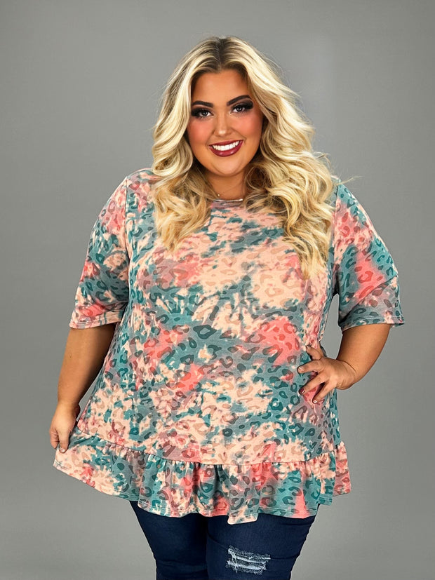 61 PSS {Muted Leopard} Pink/Teal Ruffle Hem Top EXTENDED PLUS SIZE 4X 5X 6X