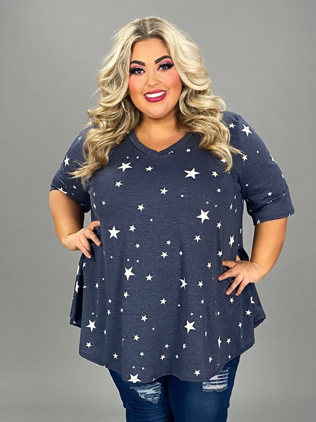 52 PSS {Above Standard} Navy Star Print V-Neck Top EXTENDED PLUS SIZE 3X 4X 5X
