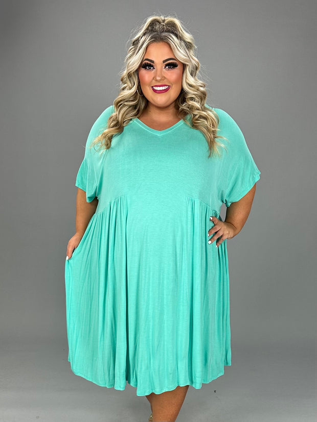 28 SSS-C  {Curvy Hourglass} Mint  V-Neck Dress w/Pleated Detaling  PLUS SIZE XL 2X 3X  (May Size Down 1 Size)