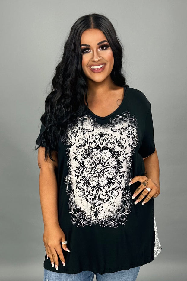 45 GT “VOCAL” {Wild Out Here} Black Floral Graphic Tee w/Open Knit Back  PLUS SIZE XL 2X 3X