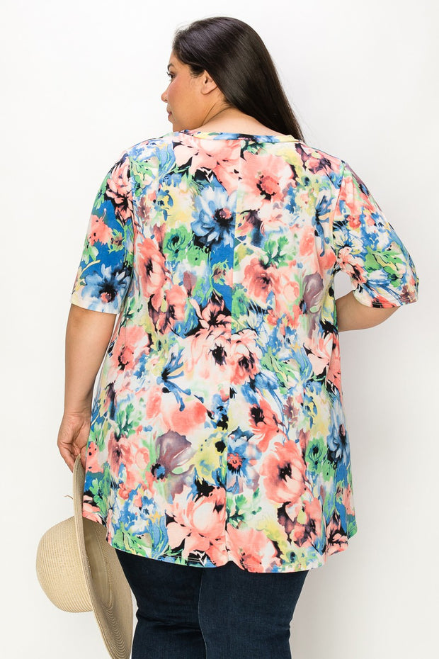 32 PSS {Fresh Blooms} Blue/Multi-Color Floral V-Neck Top EXTENDED PLUS SIZE 3X 4X 5X