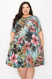 52 PSS-J {Discover The New You} Mint Floral Dress w/Pockets EXTENDED PLUS SIZE 3X 4X 5X
