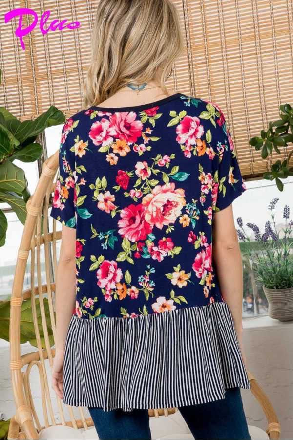 37 CP {Media Darling} Navy Floral Stripe Print Top PLUS SIZE 1X 2X 3X