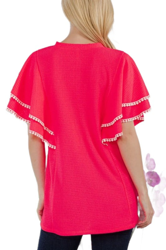 69 SD {No Issues Here} Hot Pink Textured Flutter Sleeve Top PLUS SIZE XL 2X 3X