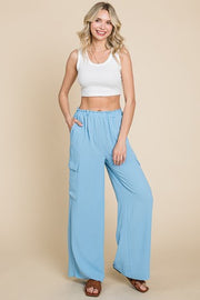 BT-P {Vacay Honey} Blue Elastic Waist Wide Leg Cargo Pants PLUS SIZE 1X 2X 3X