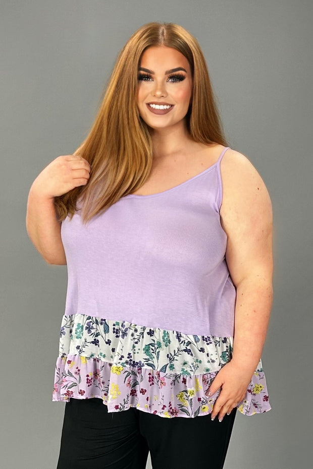 40 SV-A {Summer Daze}  Lilac Floral Tiered Spaghetti Strap Top  PLUS SIZE 1X 2X 3X