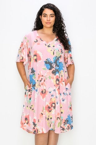 58 PSS {Looks Like Good Times} Pink Floral V-Neck Dress PLUS SIZE XL 2X 3X