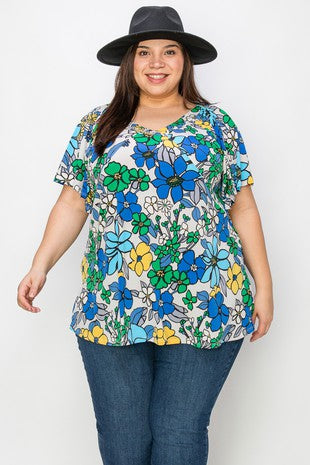 23 PSS {In Full Bloom} Blue/Yellow Lg Floral Tunic EXTENDED PLUS SIZE 4X 5X 6X
