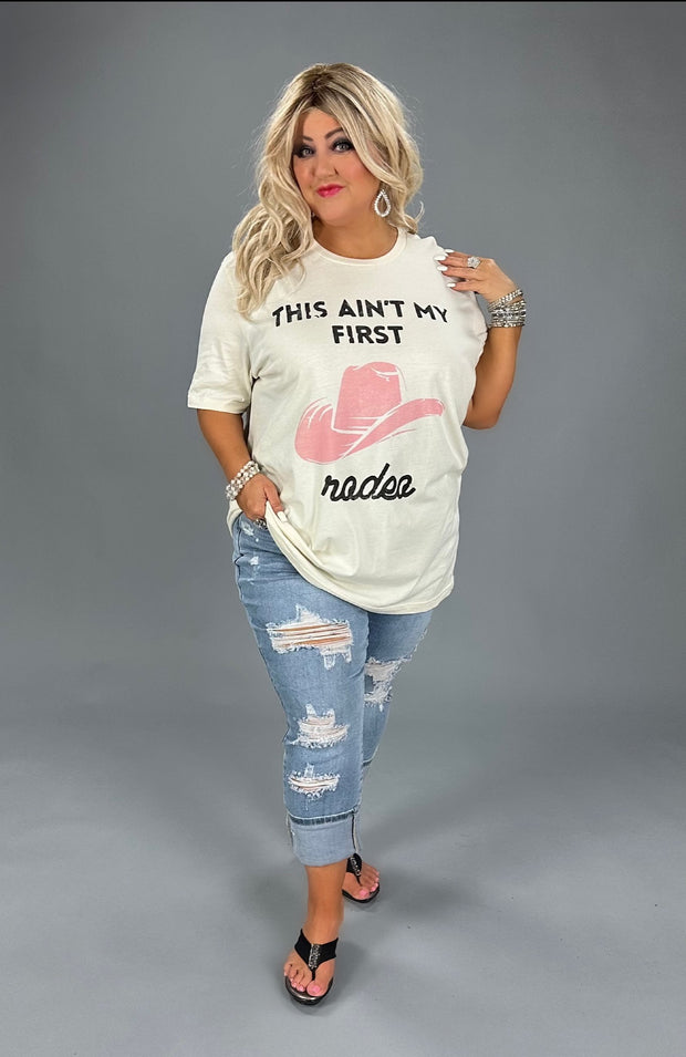 66 GT-I {First Rodeo} Beige Pink Hat Print Graphic Tee PLUS SIZE 1X 2X 3X