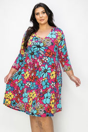 52 PQ {Showing Your Colors} Fuchsia Floral V-Neck Dress EXTENDED PLUS SIZE 3X 4X 5X