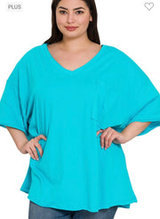 27 SSS {Happy As Can Be} Ice Blue V-Neck Top w/Pocket PLUS SIZE 1X 2X 3X
