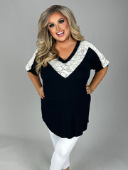 100 CP {Just For Tonight} Black Top w/Lace Contrast PLUS SIZE XL 2X 3X