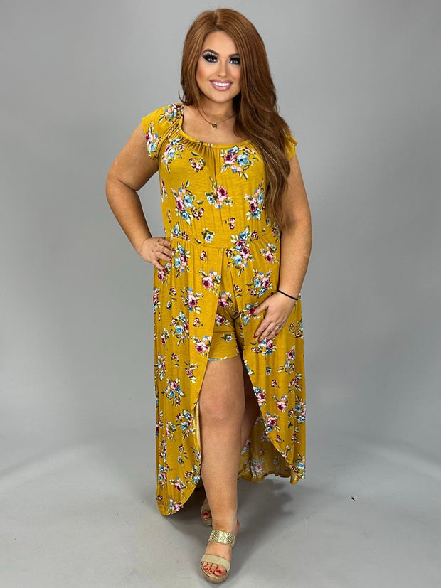 RP-D {Picnic In The Park} Mustard Floral Romper W/Overlay  PLUS SIZE 1X 2X 3X