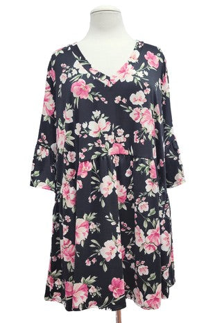 48 PSS {Exceptionally Loved} Black/Pink Floral Babydoll Top PLUS SIZE 1X 2X 3X