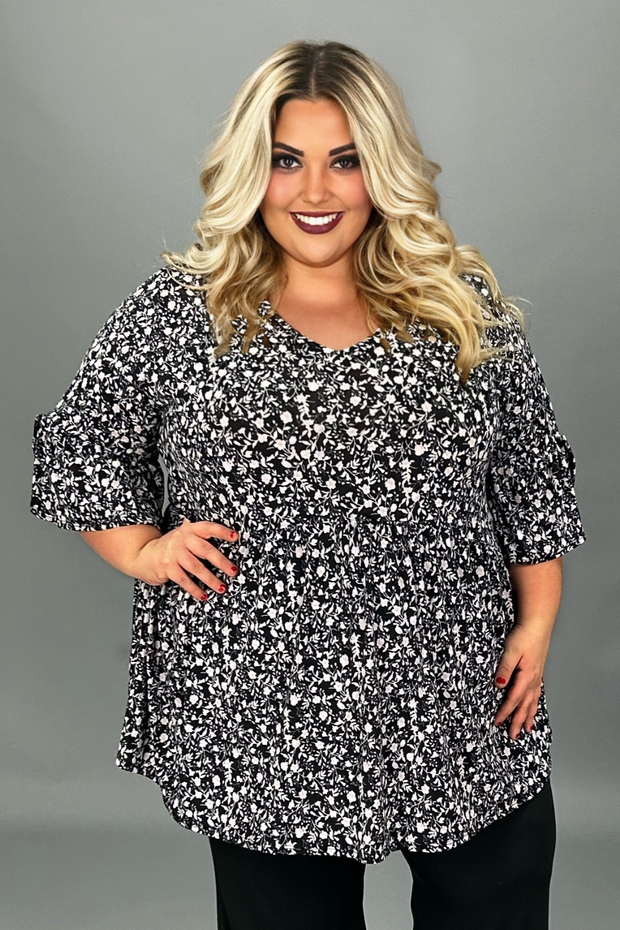 31 PSS-N {New Kind Of Spirit} Black Floral V-Neck Babydoll Tunic EXTENDED PLUS SIZE 3X 4X 5X