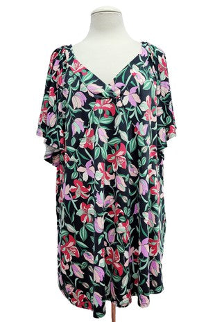 100 PSS {Moonlit Blooms} Black Floral V-Neck Top EXTENDED PLUS SIZE XL 2X 3X 4X  TRUE TO SIZE XL 2X 3X 4X