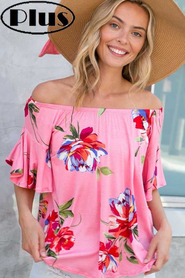 35 PSS {Eyes Are On Me} Pink Floral Flutter Sleeve Top PLUS SIZE XL 2X 3X