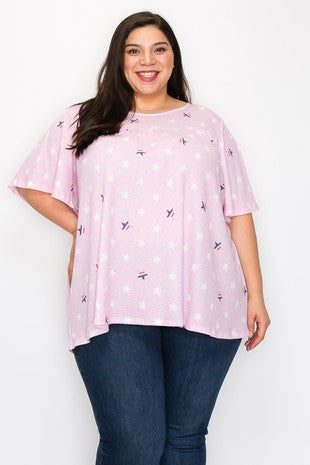 40 PSS {Star Performer} Pink Waffle Knit Star Print Top EXTENDED PLUS SIZE 4X 5X 6X