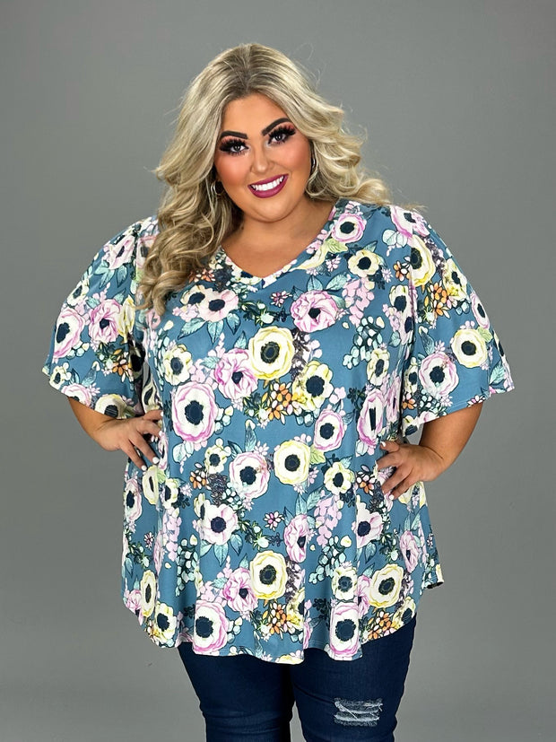 35 PSS-Z {Stay On Top} Teal Floral V-Neck Top EXTENDED PLUS SIZE 3X 4X 5X