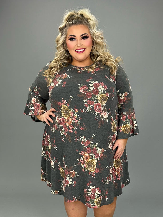 85 PQ-Z {Rose Kisses} Charcoal Floral Bell Sleeve Dress EXTENDED PLUS SIZE 3X 4X 5X
