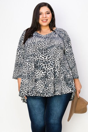 18 PQ {Leopard Lovie} Grey/Black Leopard V-Neck Top EXTENDED PLUS SIZE 3X 4X 5X