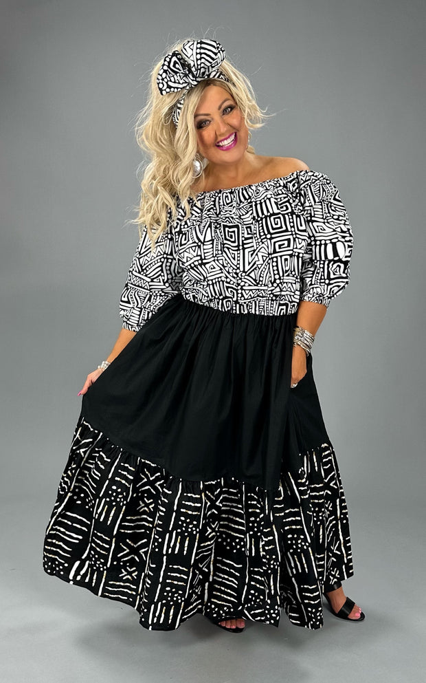 LD-E {Perfect Moment} Black/White African Print Patchwork Dress PLUS SIZE XL