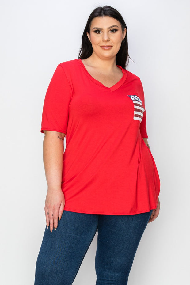 92 SD {Patriotic View} Red V-Neck Top w/Sequin Pocket EXTENDED PLUS SIZE 4X 5X 6X