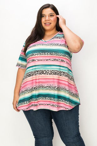 98 PSS {Tell Me How} Pink/Teal Leopard Stripe V-Neck Tunic EXTENDED PLUS SIZE 4X 5X 6X