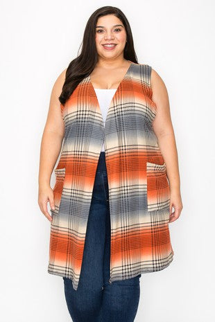36 OT {Refresh Your Style} Rust/Grey Plaid Vest EXTENDED PLUS SIZE 3X 4X 5X