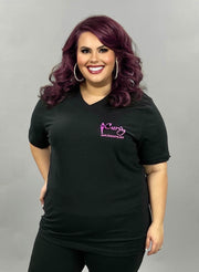 GT-V {CURVY Logo} Black/Pink V-Neck Cotton T-Shirt