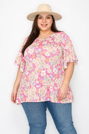 100 PSS {Abundant Blooms} Pink Floral Ruffle Hem Tunic EXTENDED PLUS SIZE 2X 3X 4X TRUE TO SIZE!!