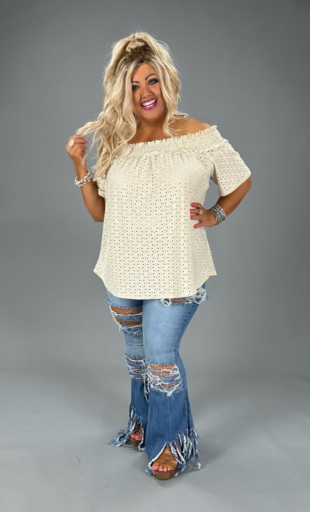 78 OS-A {Such A Sweetie} Taupe Eyelet Off Shoulder Top PLUS SIZE 1X 2X 3X