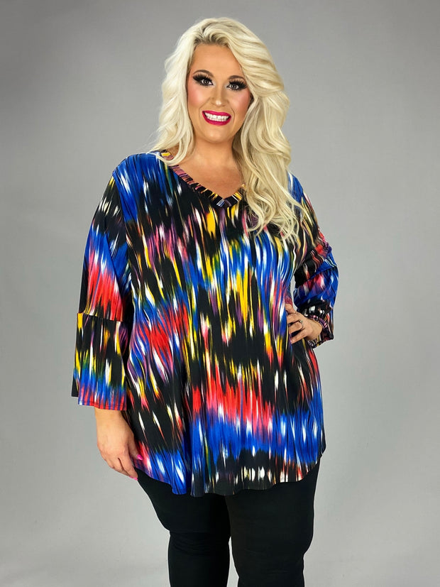 63 PQ-P {Blurry Pixels} Red Blue Printed Bell Sleeve Top EXTENDED PLUS SIZE 3X 4X 5X