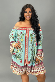 OS-Y {Shabby Chic} "UMGEE" Aqua Floral Border Print Dress
