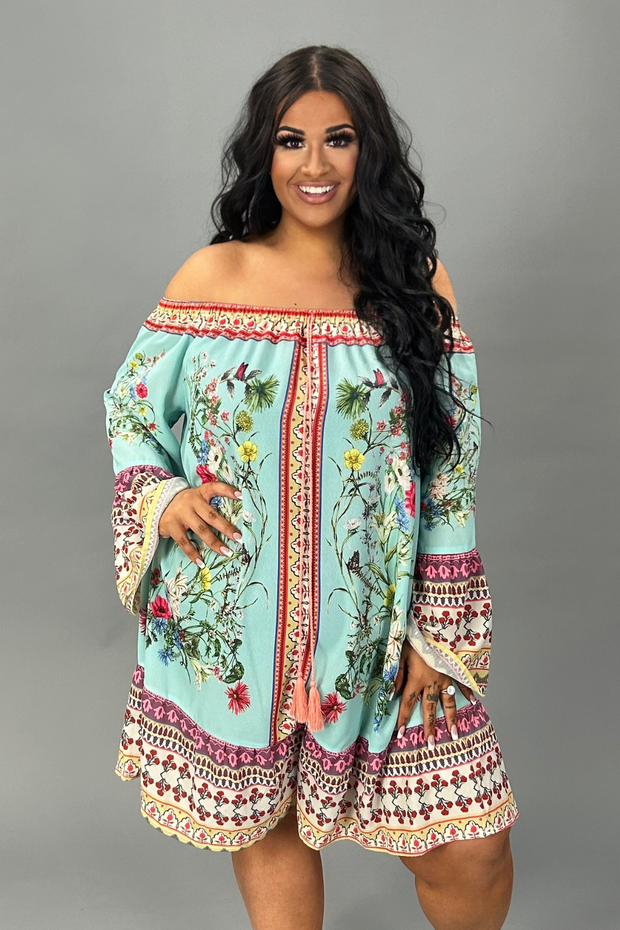 OS-Y {Shabby Chic} "UMGEE" Aqua Floral Border Print Dress