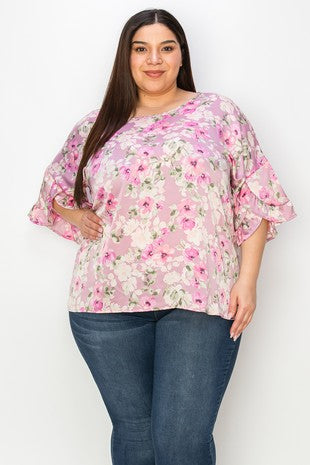 34 PQ {Unmatched Beauty} Pink Floral Ruffle Sleeve Top PLUS SIZE 1X 2X 3X