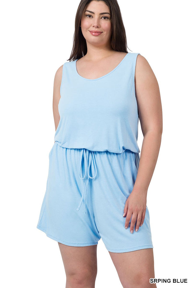 50 RP {Weekend Away} Spring Blue Romper w/Pockets PLUS SIZE 1X 2X 3X