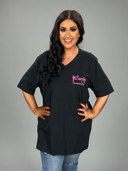 GT-V {CURVY Logo} Black/Pink V-Neck Cotton T-Shirt