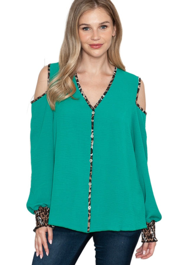 46 OS {Leopard Defined} Kelly Green Cold Shoulder Top PLUS SIZE XL 2X 3X