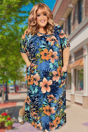 LD-I {Rooftop Gardens}  SALE!! Navy Floral V-Neck Maxi Dress EXTENDED PLUS SIZE 3X 4X 5X