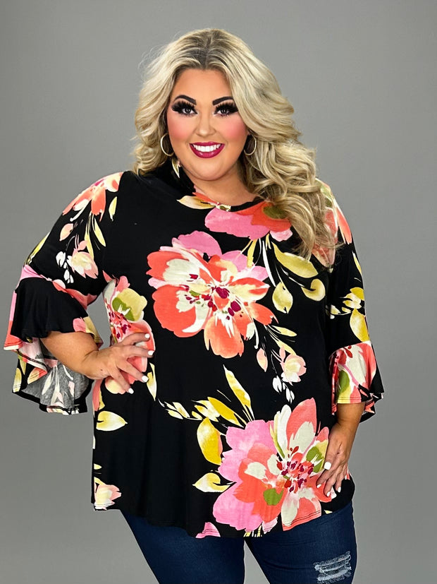 26 PQ {Dream Date} Black/Coral Large Floral V-Neck Top EXTENDED PLUS SIZE 4X 5X 6X