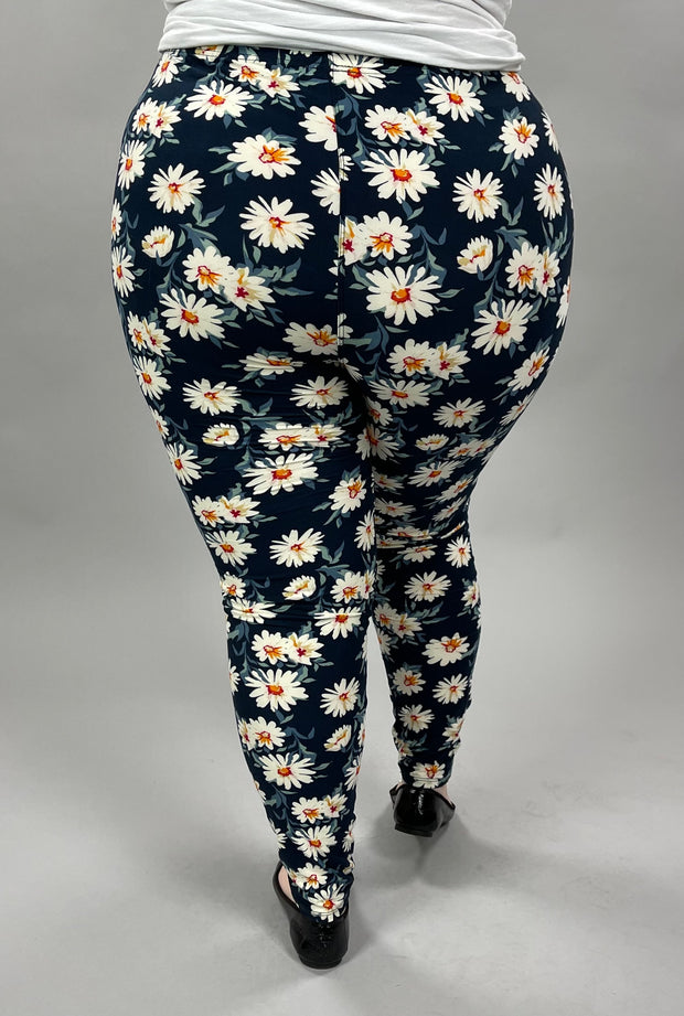 LEG-52 {The Daisy Way} Navy Daisy Printed Leggings EXTENDED PLUS SIZE 3X/5X