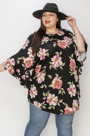 33 PQ {Floral Flair} Black Floral Tunic w/Ruffle Sleeves EXTENDED PLUS SIZE 3X 4X 5X