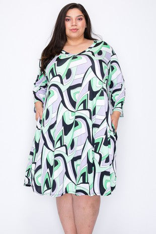 28 PQ {Trade Secrets} Green Geo Print V-Neck Dress EXTENDED PLUS SIZE 3X 4X 5X